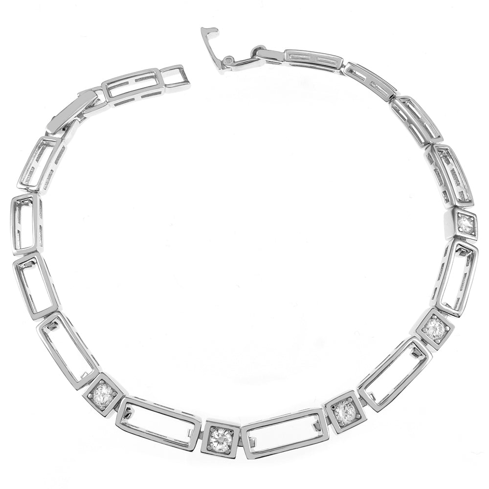 Open Rectangle Link Round CZ Rhodium Bracelet Sz 7"