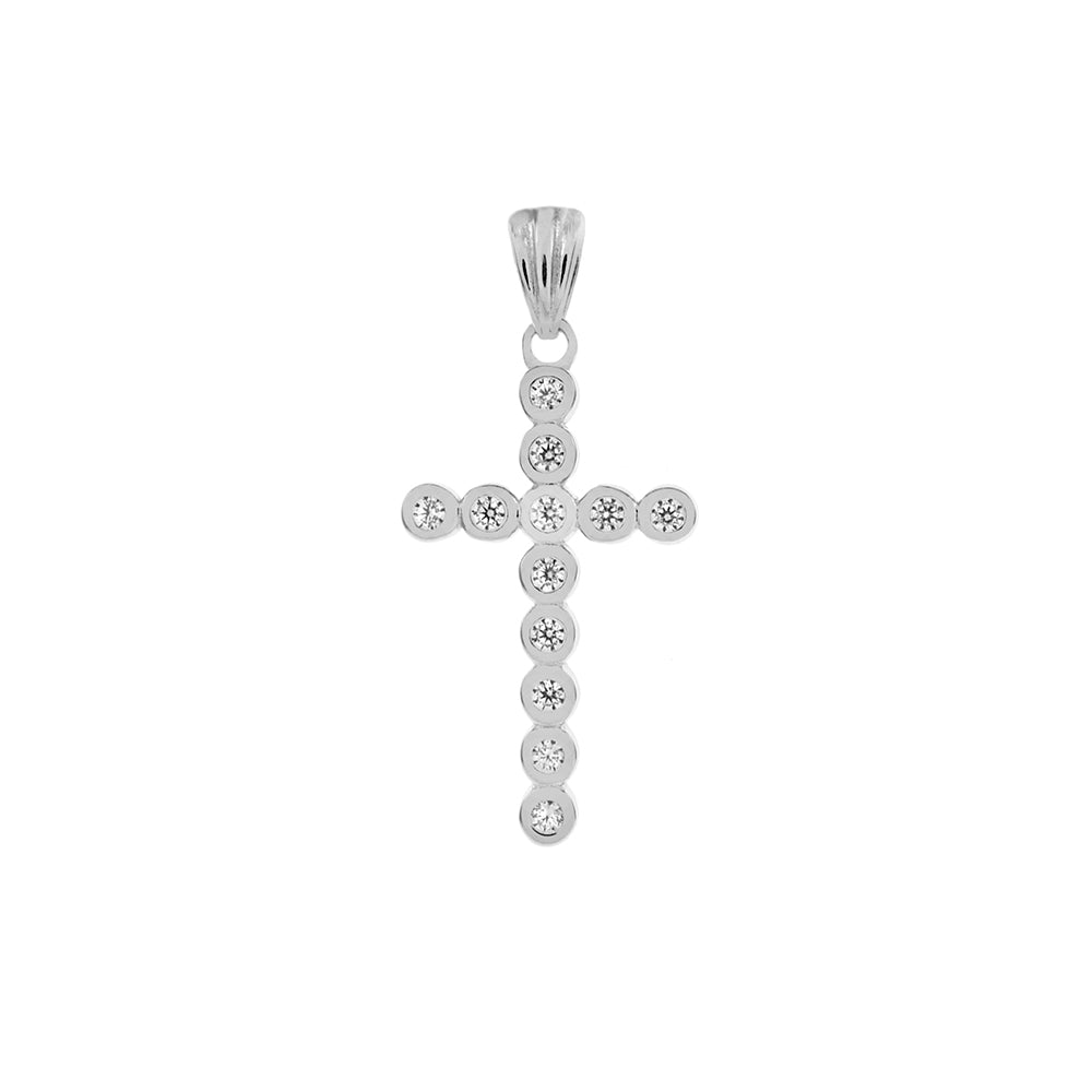 Round Bezel Set CZ Cross Rhodium Pendant