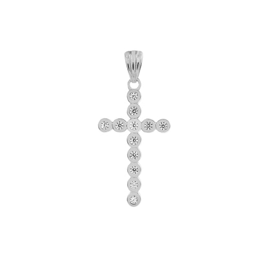 Round Bezel Set CZ Cross Rhodium Pendant