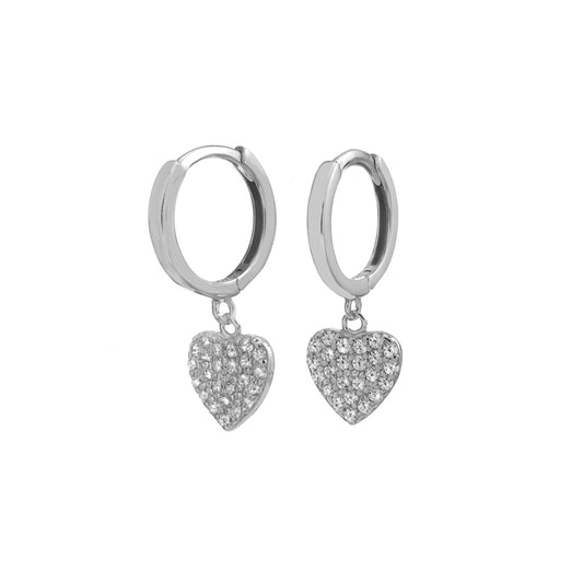 Pave CZ Heart Rhodium Huggie Hoop Earrings