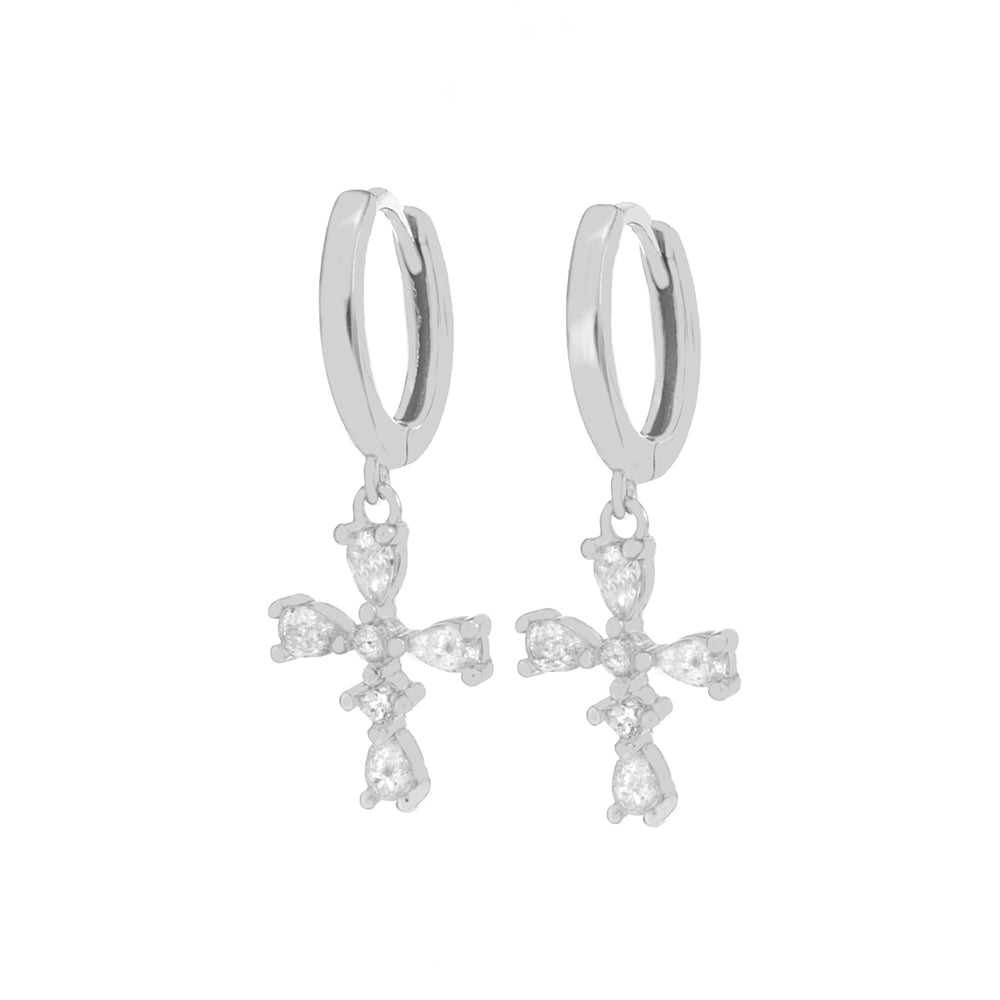 CZ Cross Rhodium Huggie Hoop Earrings