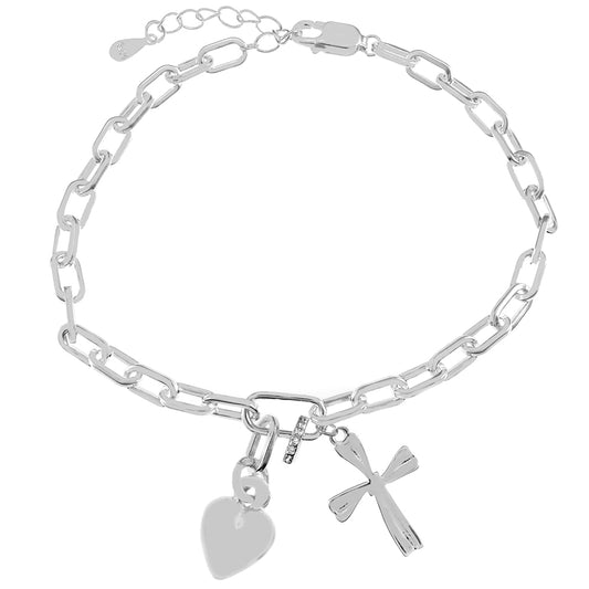 Paperclip Chain with Heart & Cross Charm Bracelet