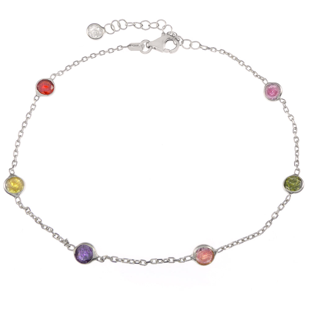 Multi Color Round CZ Bezel-Set Rhodium Bracelet