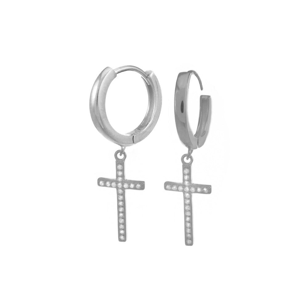 CZ Cross Rhodium Huggie Hoop Earrings