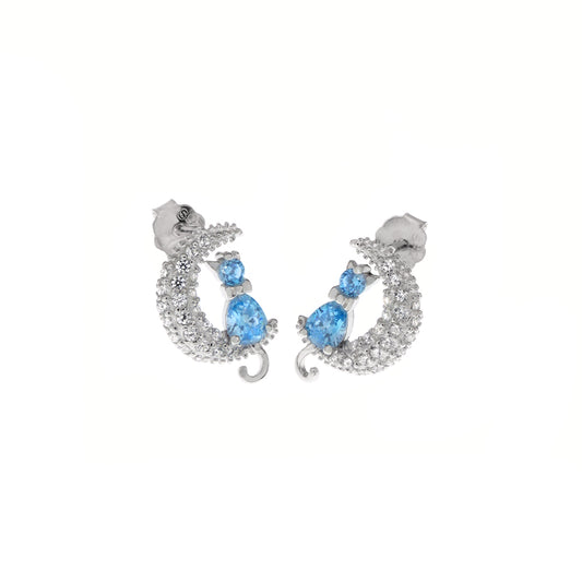 Blue Topaz Cat-Pave CZ Moon Stud Earrings