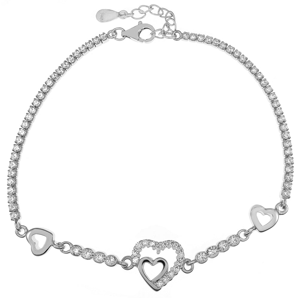 round cubic zirconia accents and heart charms silver tennis bracelet