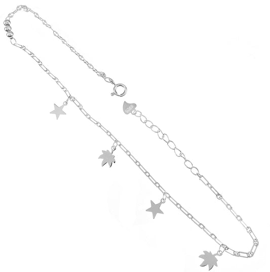 Star-Maple Leaf Sterling Silver Charm Anklet
