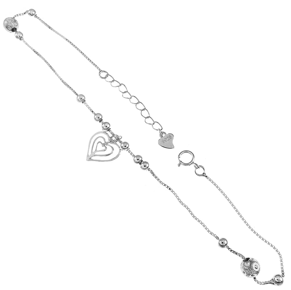 heart charm beaded sterling silver anklet