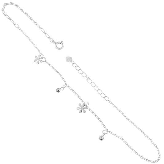 Flower-Bead Sterling Silver Charm Anklet