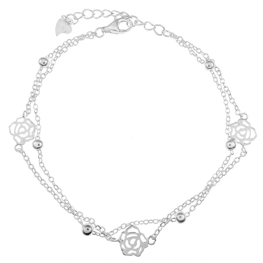 layered sterling silver bracelet with cutout rose charms