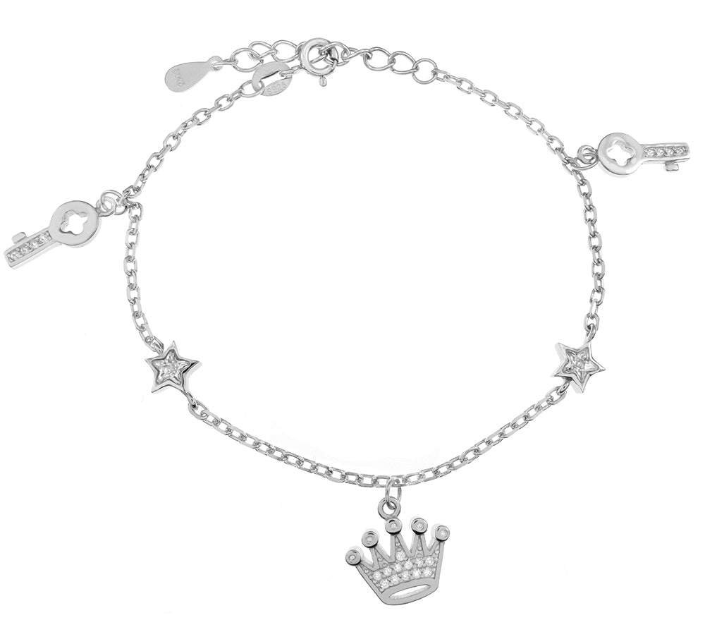 Crown Key Star CZ Charm Rhodium Bracelet