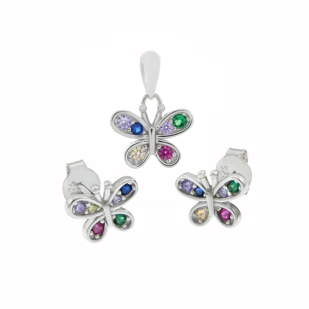 Multi Color CZ Butterfly Earrings & Pendant Set