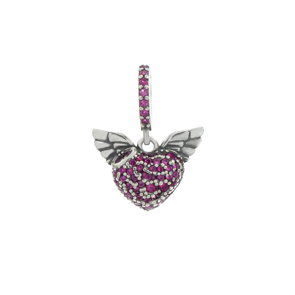 Angel Wings Ruby Red CZ Heart Charm Pendant
