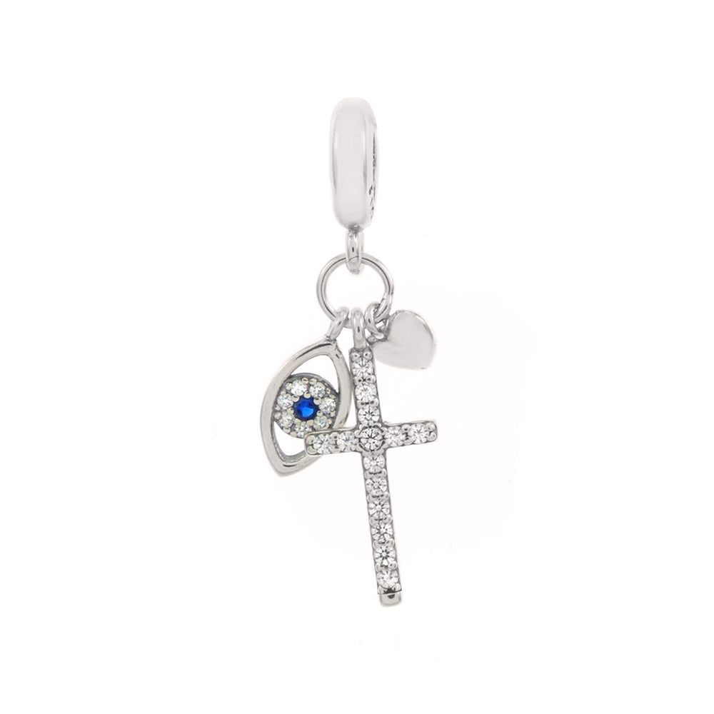 CZ Cross Evil Eye Heart Rhodium Charm Pendant