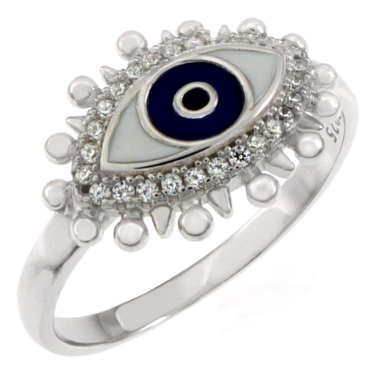 Enamel Evil Eye Sterling Silver CZ Ring