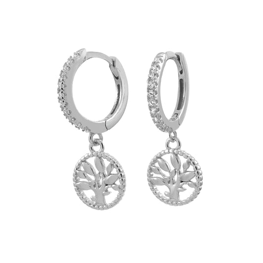 Dangle Tree of Life Rhodium CZ Huggie Hoop Earrings