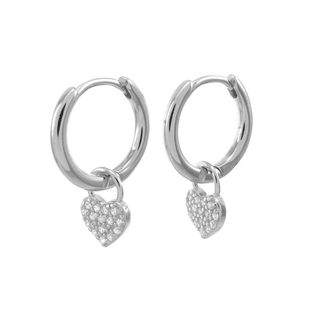 Pave CZ Heart with Huggie Hoop Rhodium Earrings