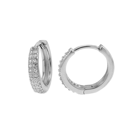 Sterling Silver 2 Lines CZ Rhodium Huggie Hoop Earrings