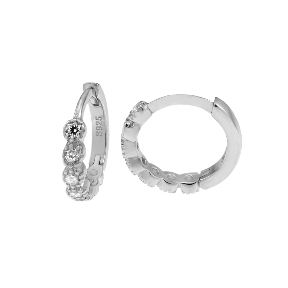 .925 Sterling Silver CZ Rhodium Huggie Hoop Earrings