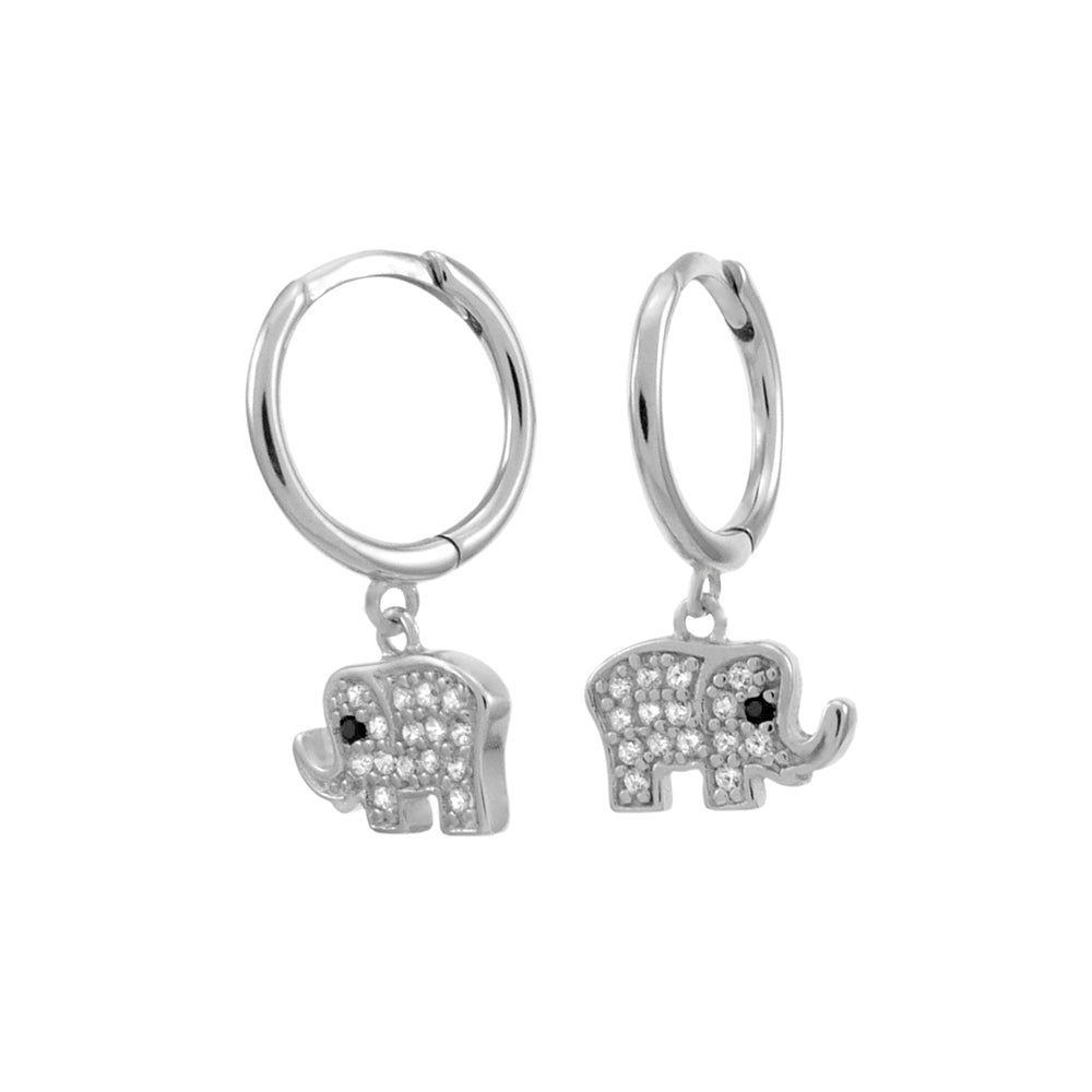 Pave CZ Elephant Huggie Rhodium Hoop Earrings