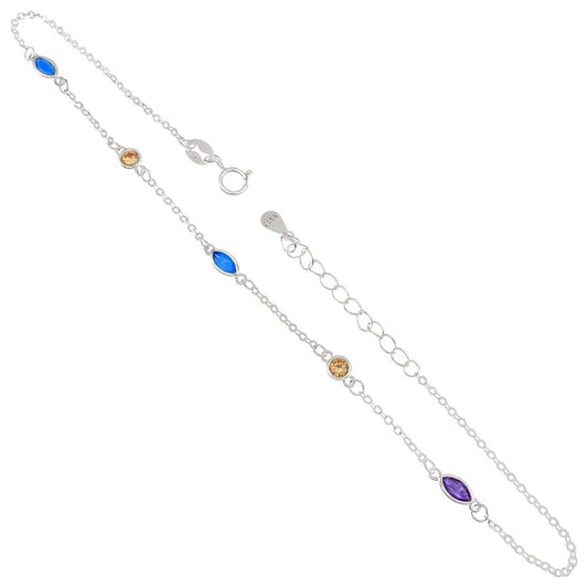 Multi Color Round Marquise-Cut CZ Rolo Chain Anklet