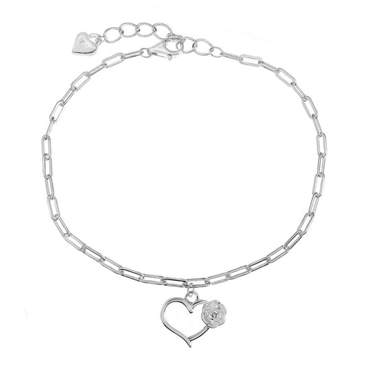 Thin Paperclip with Cut Out Heart-Rose Charm Bracelet