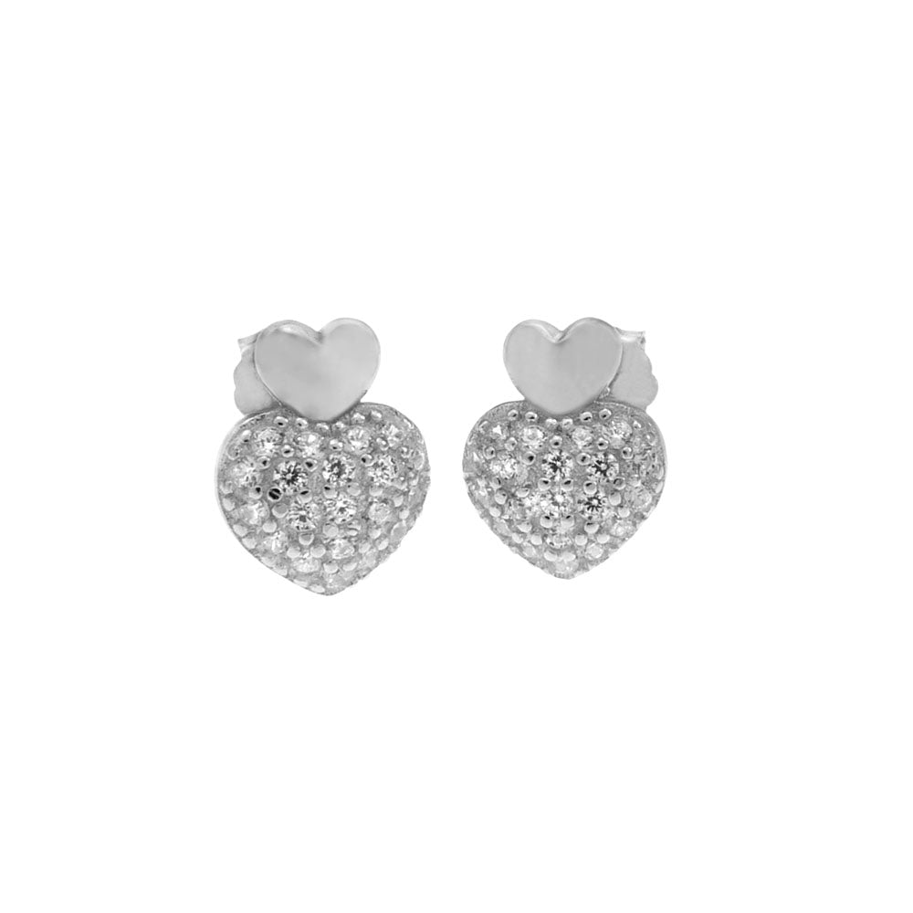 Pave CZ Heart Sterling Silver Rhodium Stud Earrings