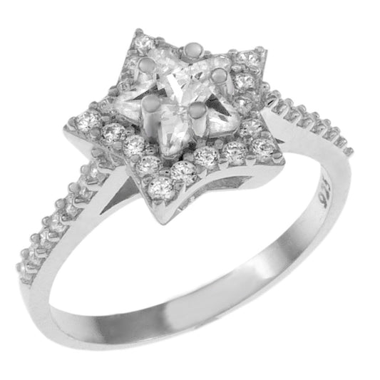 Star Shape Halo CZ Sterling Silver Engagement Ring