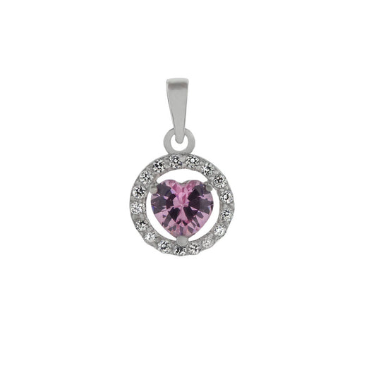 Sterling Silver Halo Pink CZ Heart Pendant