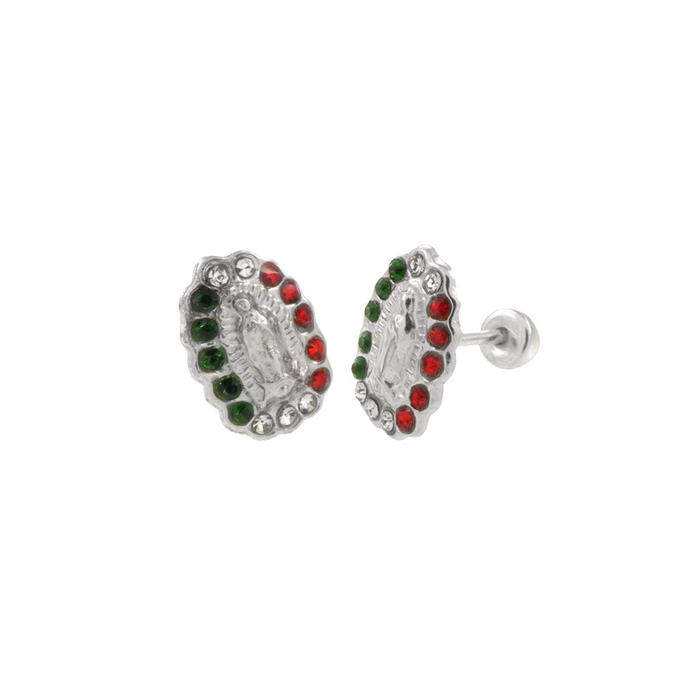 Sterling Silver Lady of Guadalupe - Color CZ Stud Earrings with Screw Back
