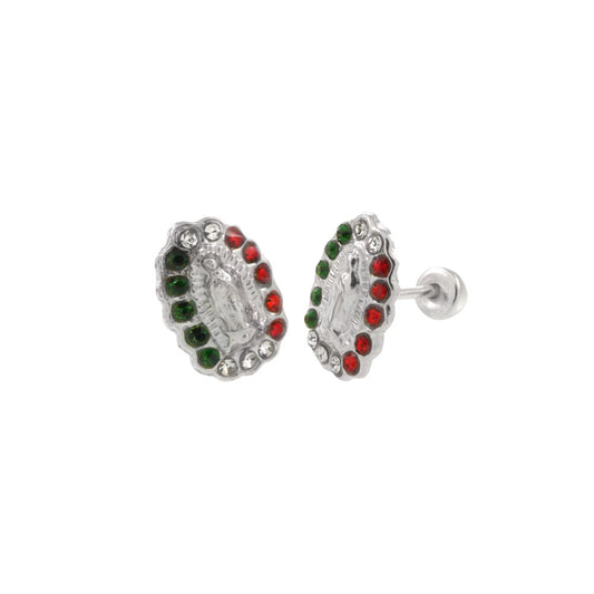 Lady of Guadalupe - Color CZ Stud Earrings with Screw Back