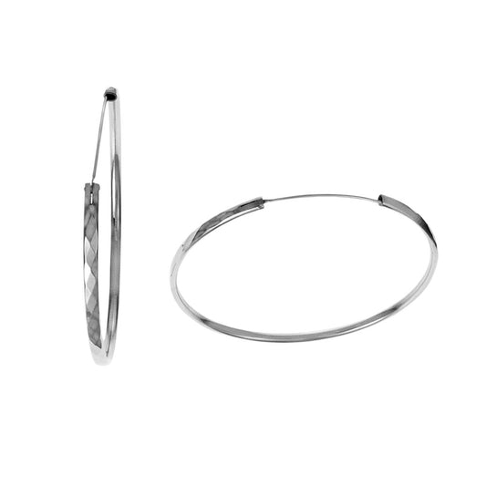 .925 Sterling Silver Rhodium Diamond Cut Hoop Earrings