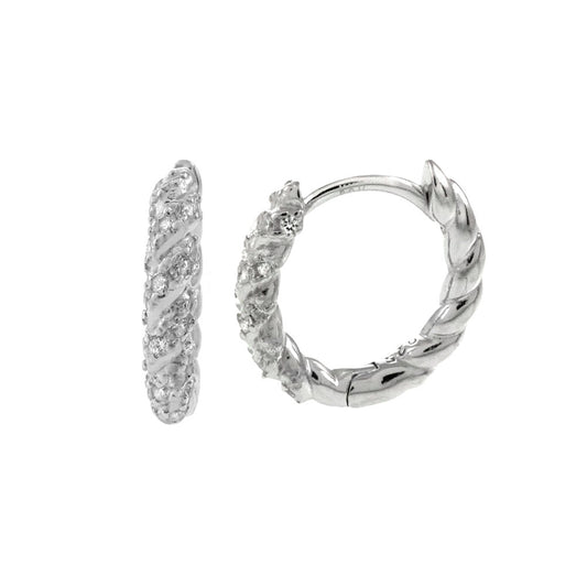 Sterling Silver Rhodium Plated Twisted Huggie Hoop Earrings
