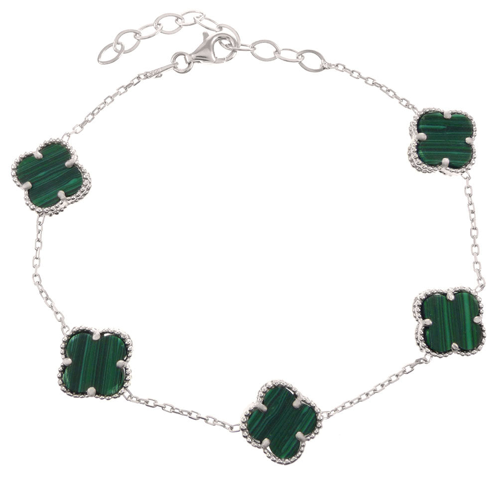 Malachite Four Leaf Clover Rhodium Bracelet