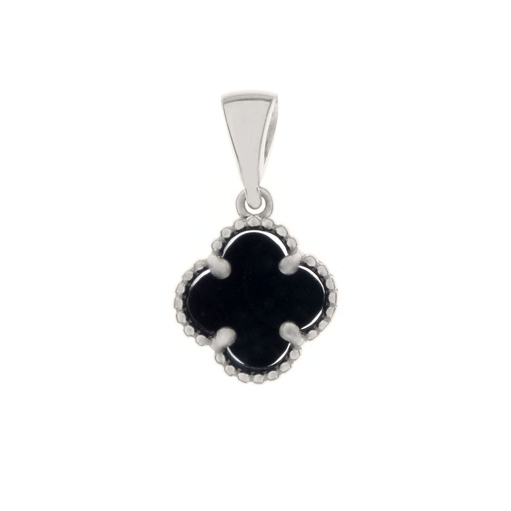 Black Onyx Clover Sterling Silver Rhodium Pendant