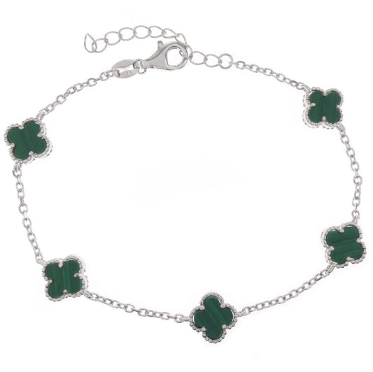 Malachite Clover Sterling Silver Rhodium Bracelet