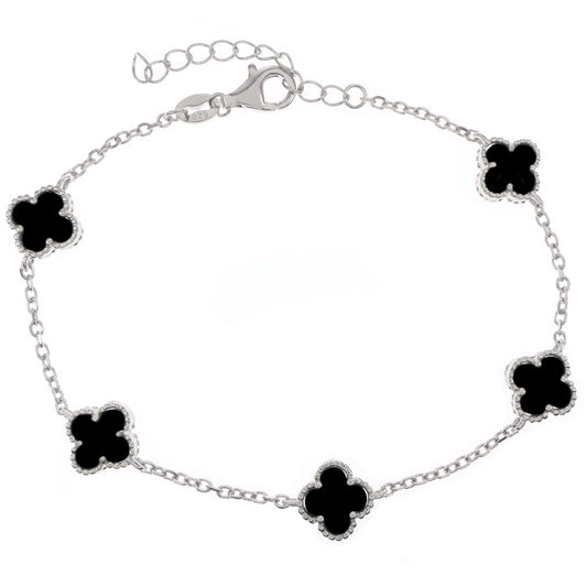 Black Onyx Clover Sterling Silver Rhodium Bracelet