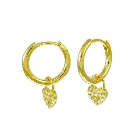 Dangle Pave CZ Heart Huggie Hoop Gold Plated Earrings