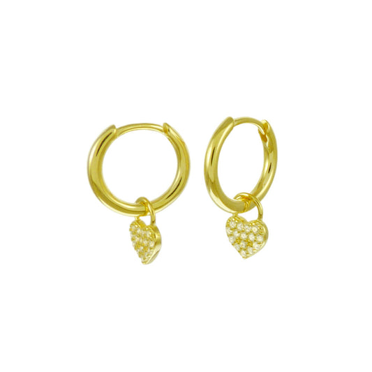 Pave CZ Heart Huggie Gold Plated Hoop Earrings