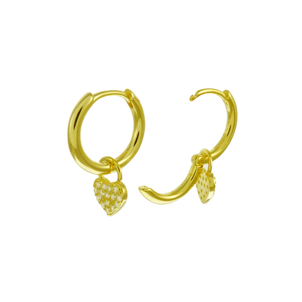 Dangle Pave CZ Heart Huggie Hoop Gold Plated Earrings