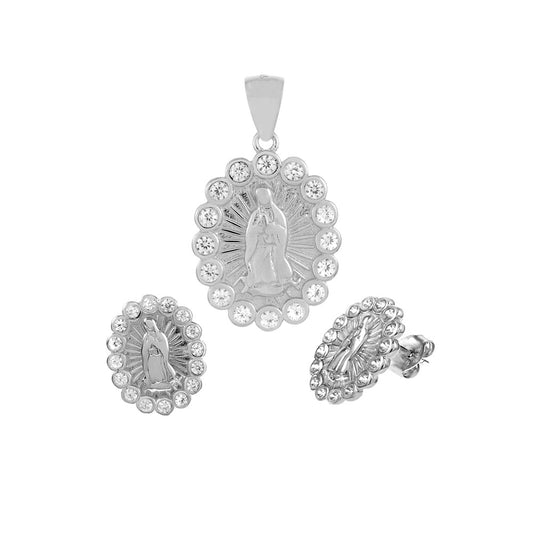 Lady of Guadalupe Rhodium Earrings and Pendant Set