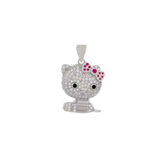 Pave CZ Kitty Cat Sterling Silver Rhodium Pendant