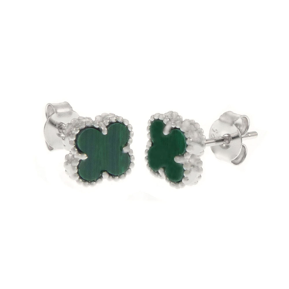 Malachite 4 Leaf Clover Sterling Silver Rhodium Earrings