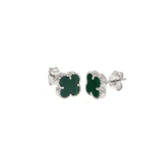 Malachite Clover Sterling Silver Rhodium Earrings