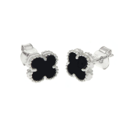 Black Onyx 4 Leaf Clover Sterling Silver Rhodium Earrings