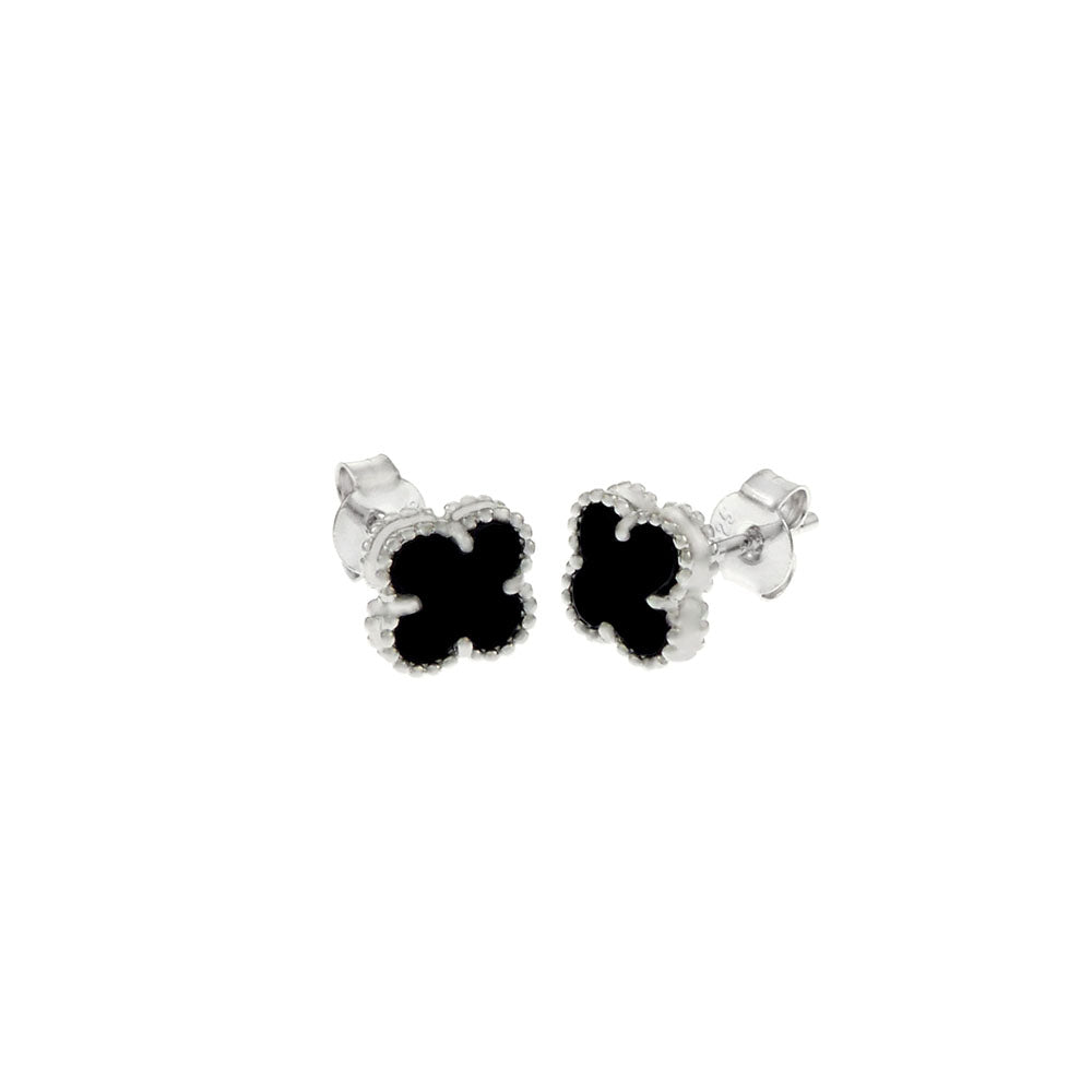 Black Onyx Clover Sterling Silver Rhodium Earrings