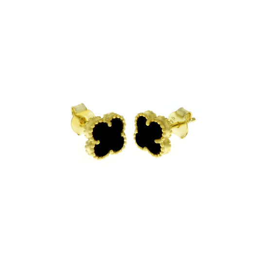 Black Onyx Clover Gold Plated Earrings