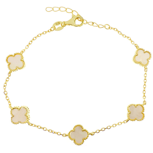 Mother Of Pearl Clover Sterling Silver Gold Plated Bracelet