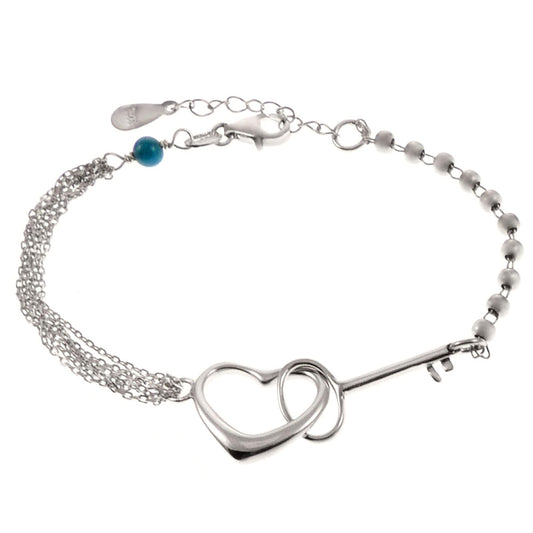 Heart Key Turquoise Bead Rhodium Bracelet