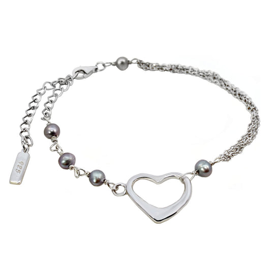 Grey Freshwater Pearl with Heart hand Made Rhodium Bracelet